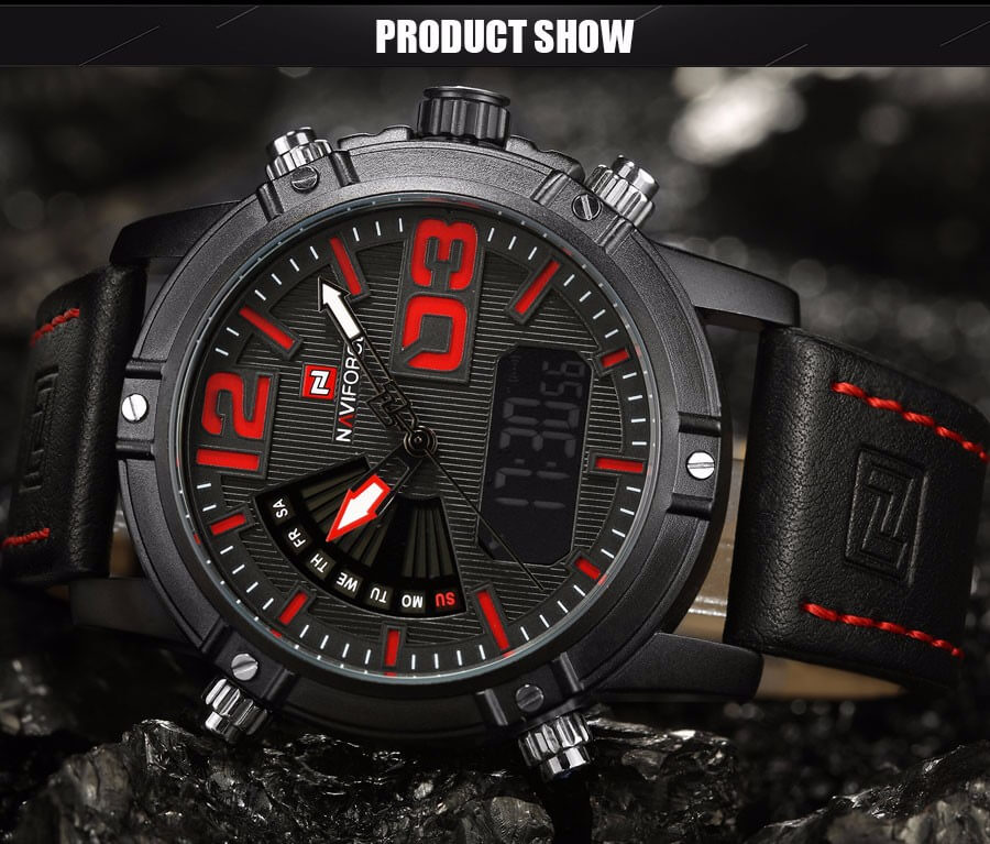 NaviForce NF9095 Double Time Analog Digital Watch Red Black